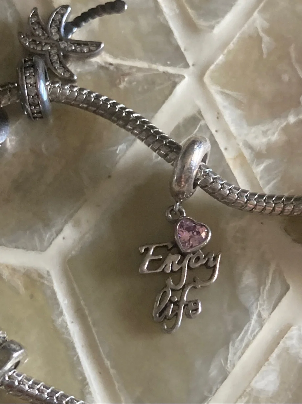 Pandora Moments snake chain barrel clasp bracelet w/6 charms